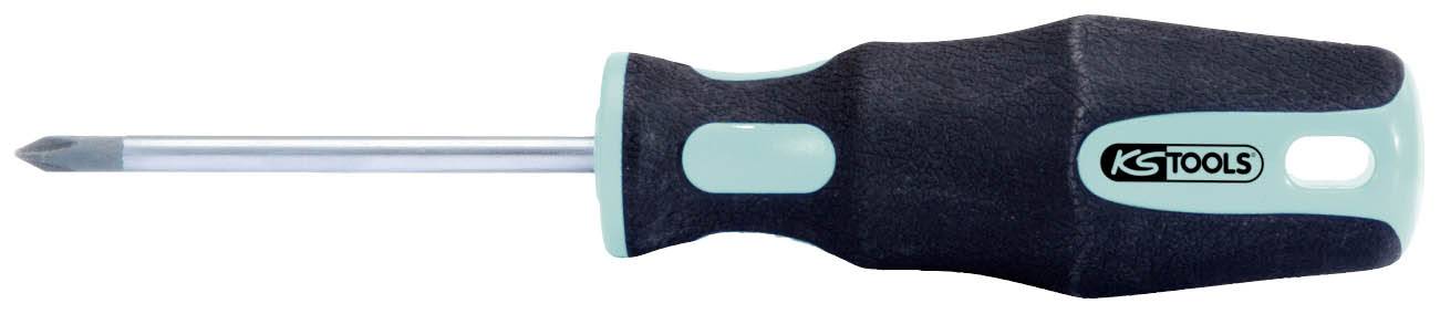 Ein Kreuzschlitzschraubendreher mit ergonomischem Griff und Klinge aus Metall. Auf dem Griff ist das Logo 'KS TOOLS'.