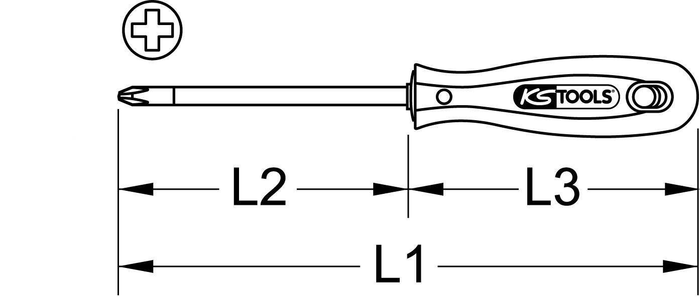 Illustration eines Schraubendrehers mit Griff, markiert mit L1, L2 und L3 zur Maßangabe der Länge, und einem Kreuzschlitz-Symbol.