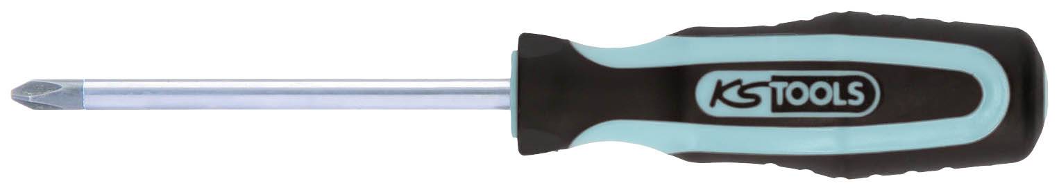 Kreuzschlitz-Schraubendreher mit blau-schwarzem Griff von KS Tools, betrachtet von der Seite.