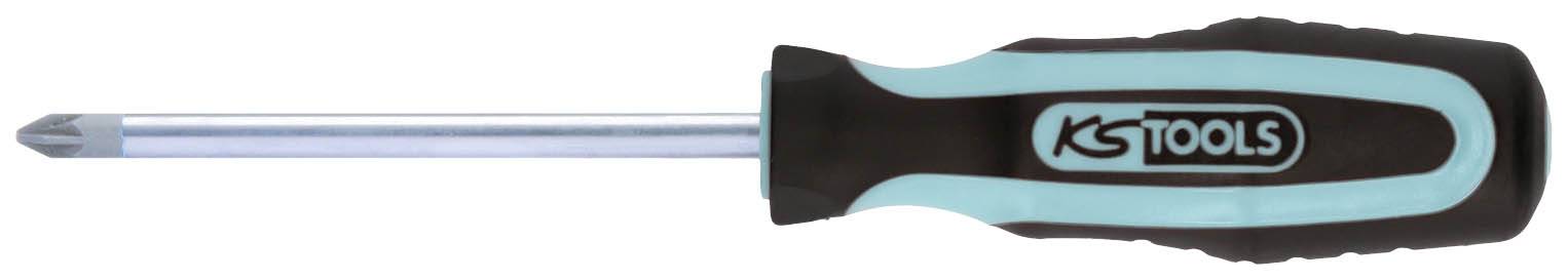 Ein Kreuzschlitzschraubendreher mit blauem und schwarzem Griff, auf dem 'KS Tools' steht.