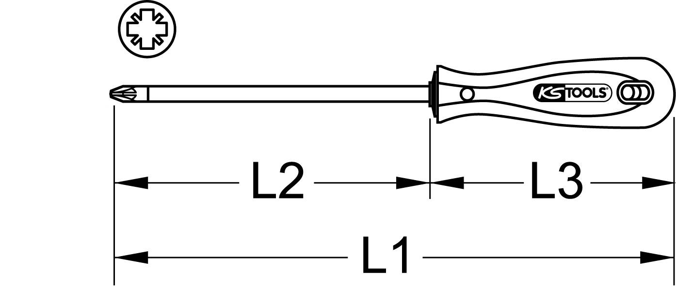 Technische Zeichnung eines Kreuzschlitzschraubendrehers mit Markierungen L1, L2 und L3 zur Längenmessung. Firmenlogo auf dem Griff.