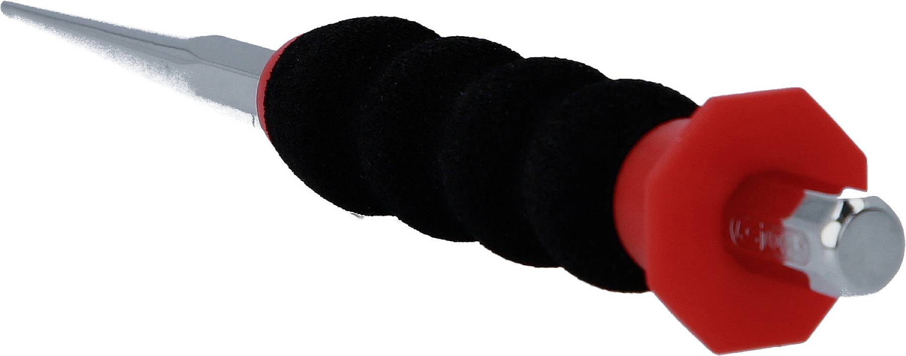 Ein roter und schwarzer ergonomischer Griff mit einer Metallspitze, vermutlich ein Werkzeugschaft für spezielle Anwendungen.