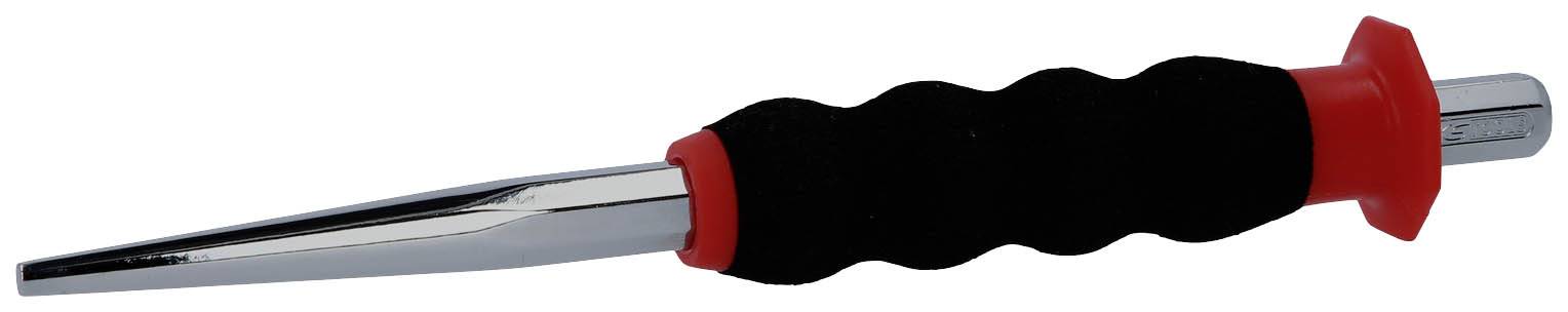 Silberner Handgriff mit schwarzer, geriffelter Gummioberfläche und rot abgesetzten Enden.