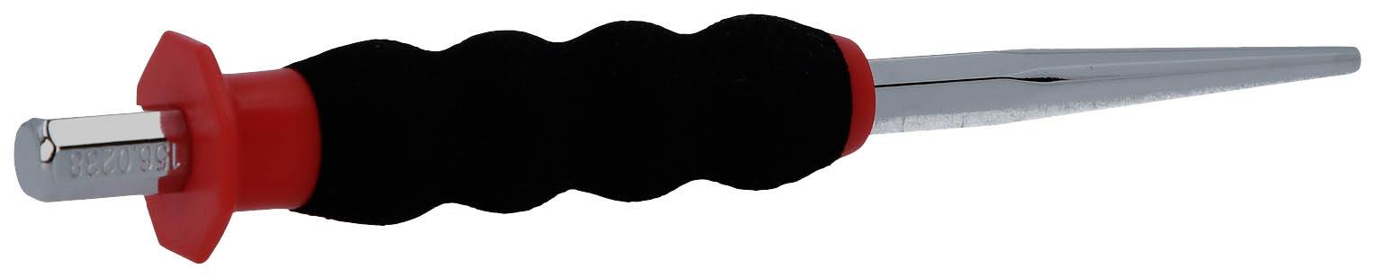 Ein schwarz-roter Metallspieß mit rutschfestem Griff, geeignet für Grill- oder Küchenarbeiten.