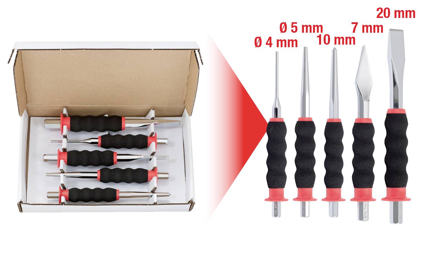 Ein Set von fünf Stechbeiteln in einer offenen Box, mit gummierten Griffen und Klingen in verschiedenen Breiten: 4 mm, 5 mm, 7 mm, 10 mm und 20 mm.