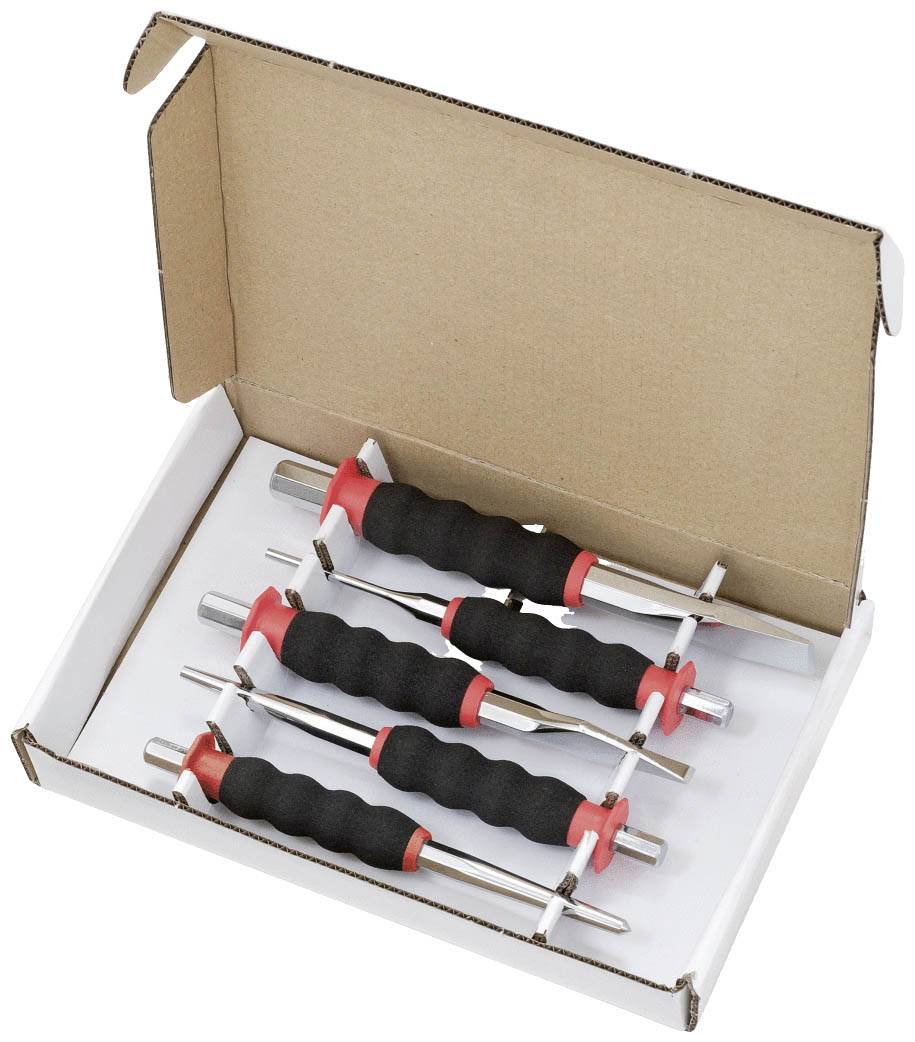 Ein offener Karton mit fünf Schraubendrehern, die schwarze, gummierte Griffe und rote Details haben.