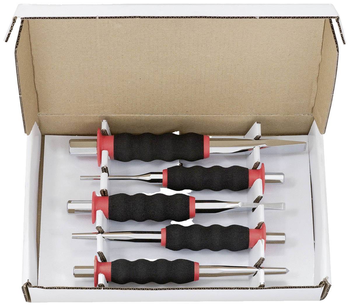 Ein Set aus fünf verschiedenen Meißeln mit rot-schwarzen Griffen in einem offenen Karton.