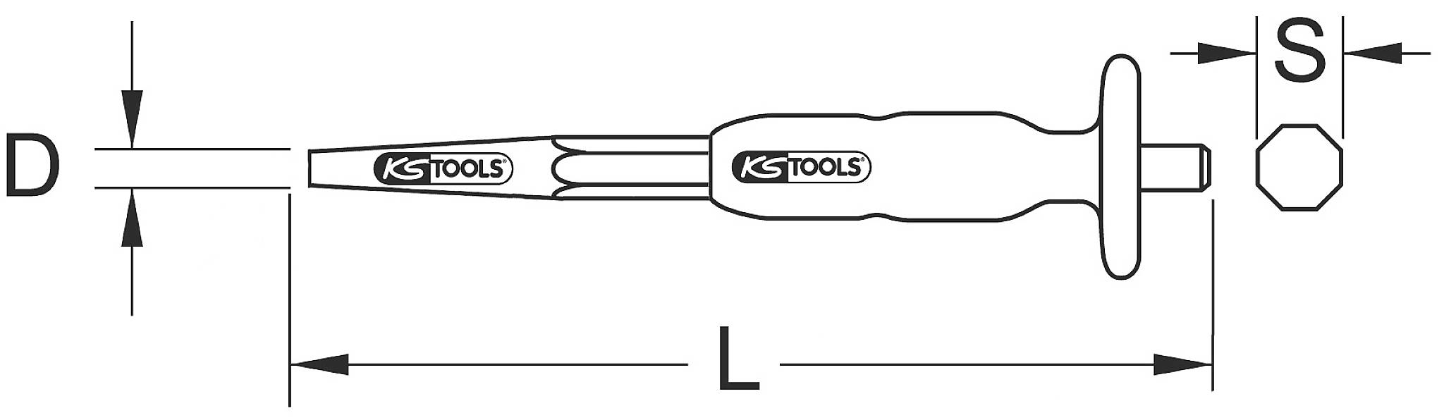Abbildung eines Schraubendrehers mit flacher Klinge, Griff mit KS Tools-Logo. Maße D, L und S sind gekennzeichnet.