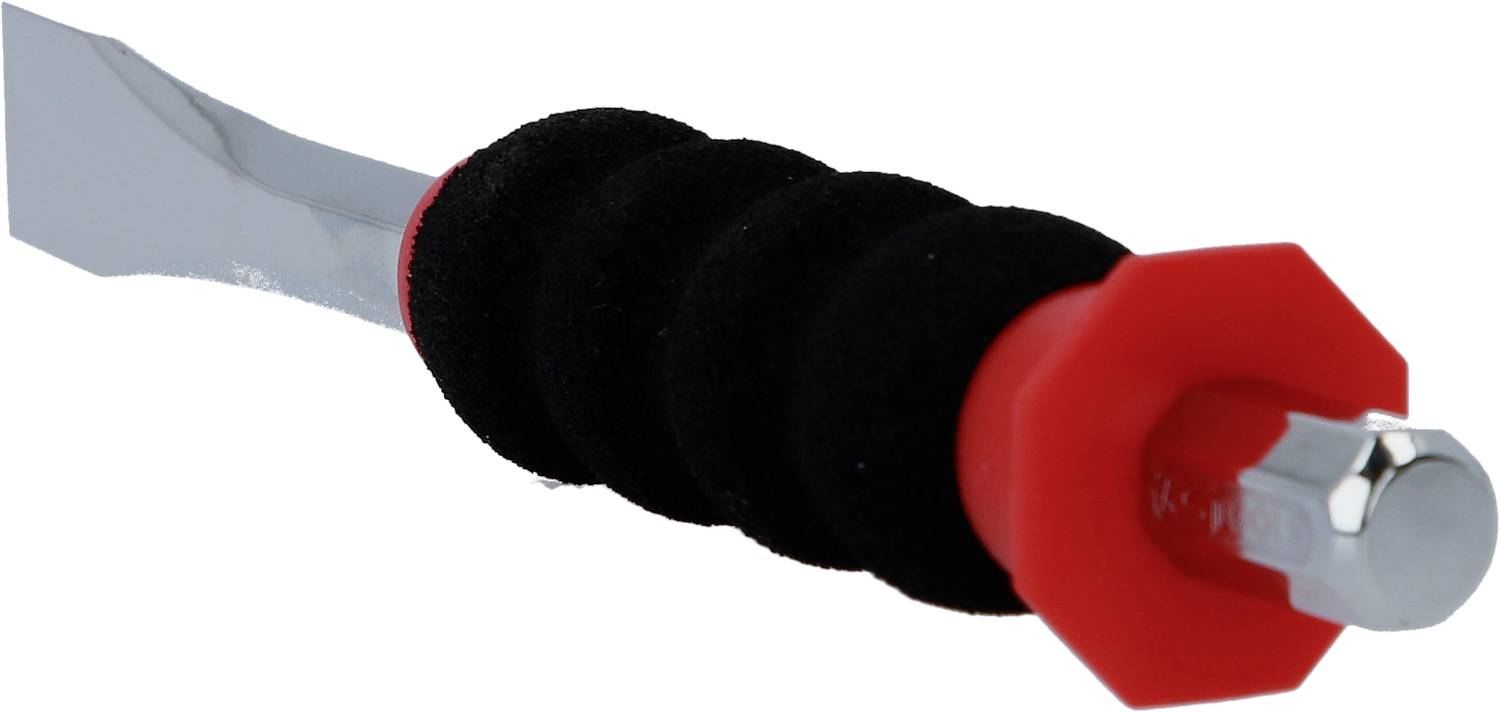 Werkzeuggriff mit roter Kappe und silbernem Schaft, mit schwarzem Schaumstoffgriff für besseren Halt.