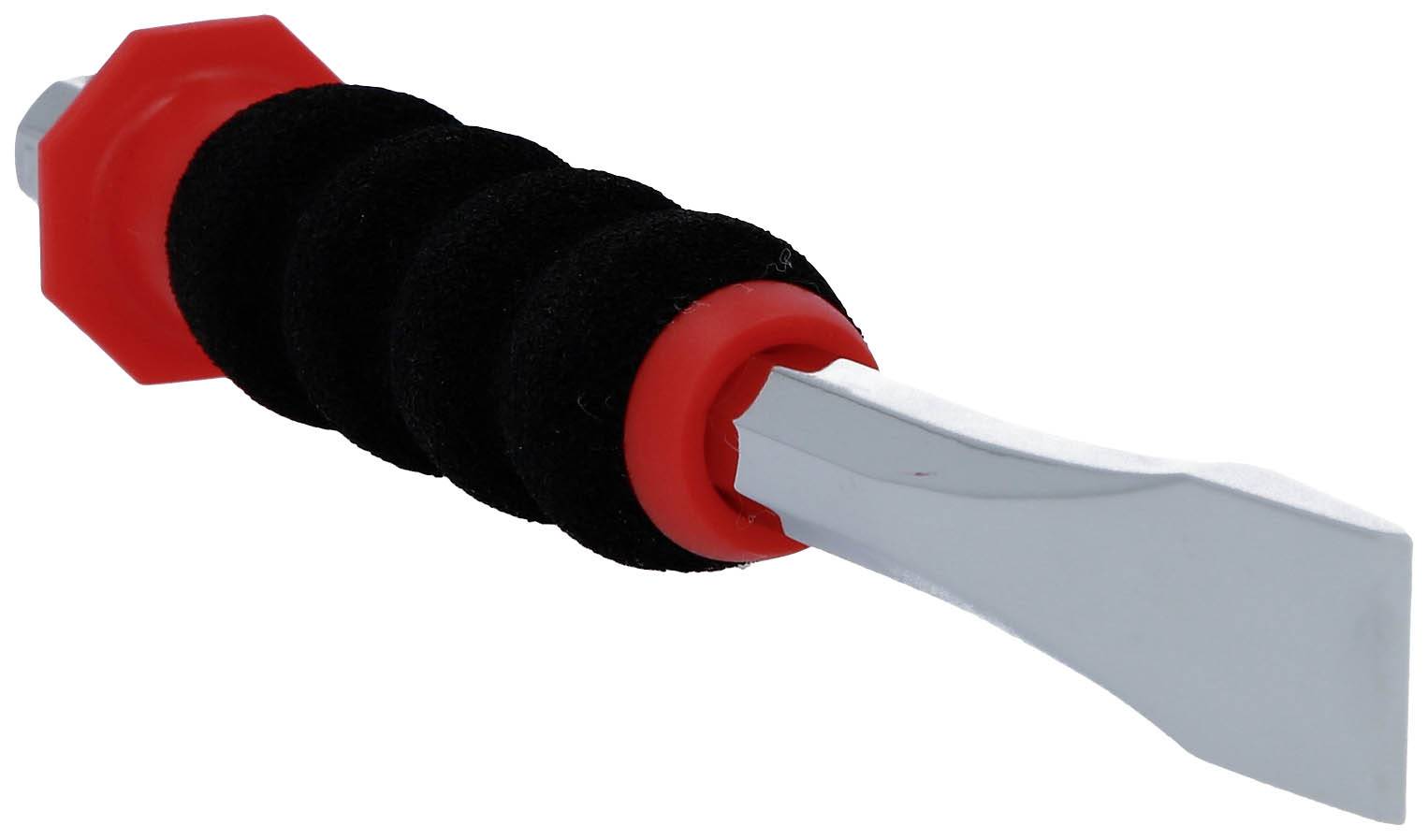 Ein rot-schwarzes handliches Werkzeug mit einer silbernen breiten Klinge, möglicherweise ein Spachtel oder ähnliches Werkzeug.