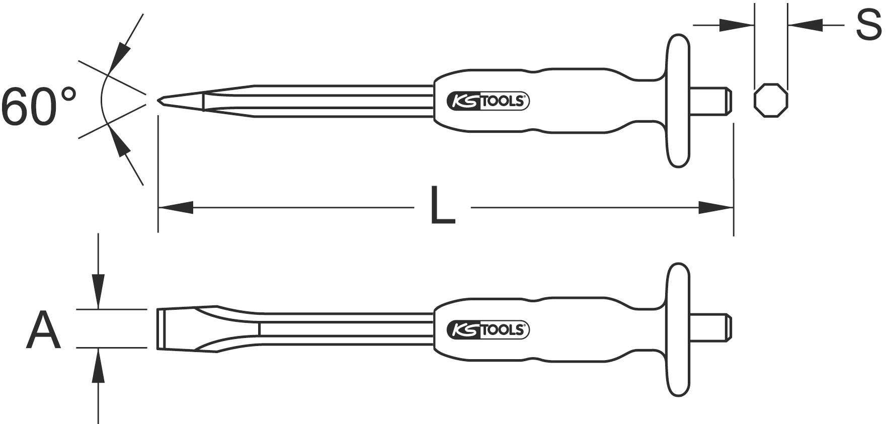Schraubenzieher-Zeichnung mit 60° zugespitzter Spitze, Länge 'L', Schaftbreite 'A', Sechskantgröße 'S', und Herstellerlogo.