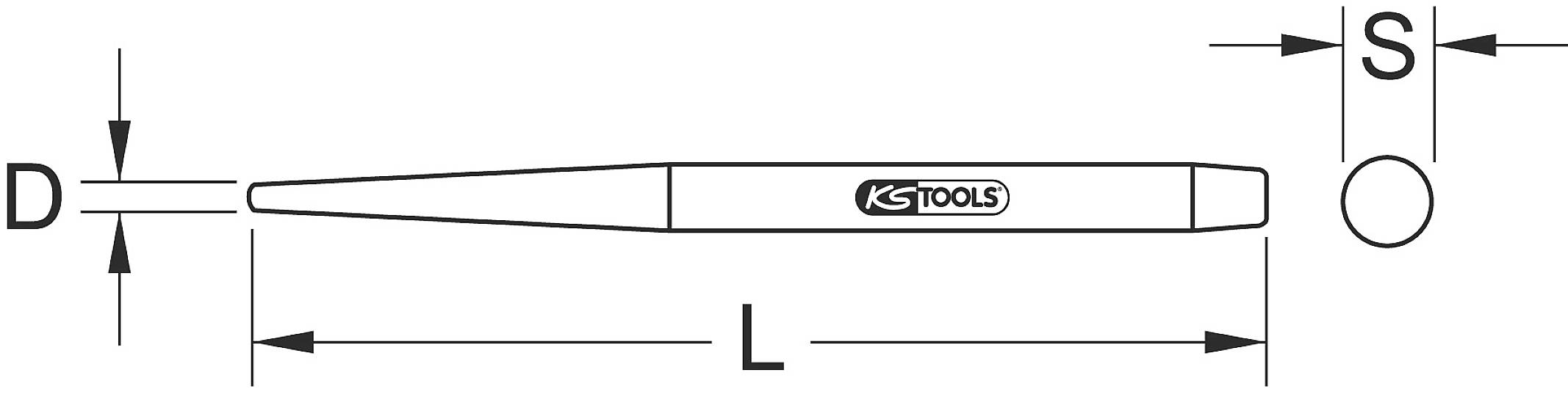 Skizze eines Meißels mit den Abmessungen: Durchmesser (D), Länge (L), und Schaftbreite (S), alles in Millimetern angegeben.