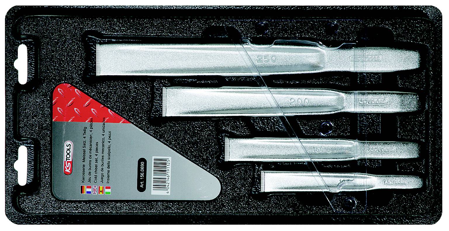 Metallmeißel-Set, bestehend aus vier unterschiedlich großen Meißeln in schwarzer Kunststoffverpackung, Markenlogo und Artikelnummer sichtbar.