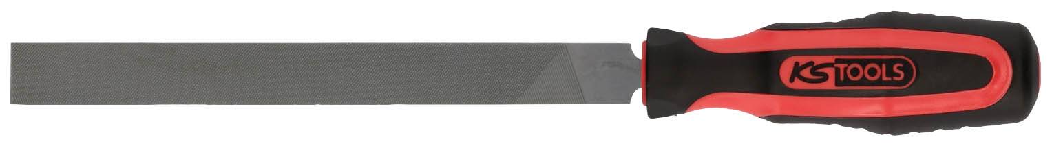 Eine flache Feile mit rotem und schwarzem Griff, markiert mit 'KS Tools'. Hauptsächlich zum Glätten und Formen von Materialien verwendet.