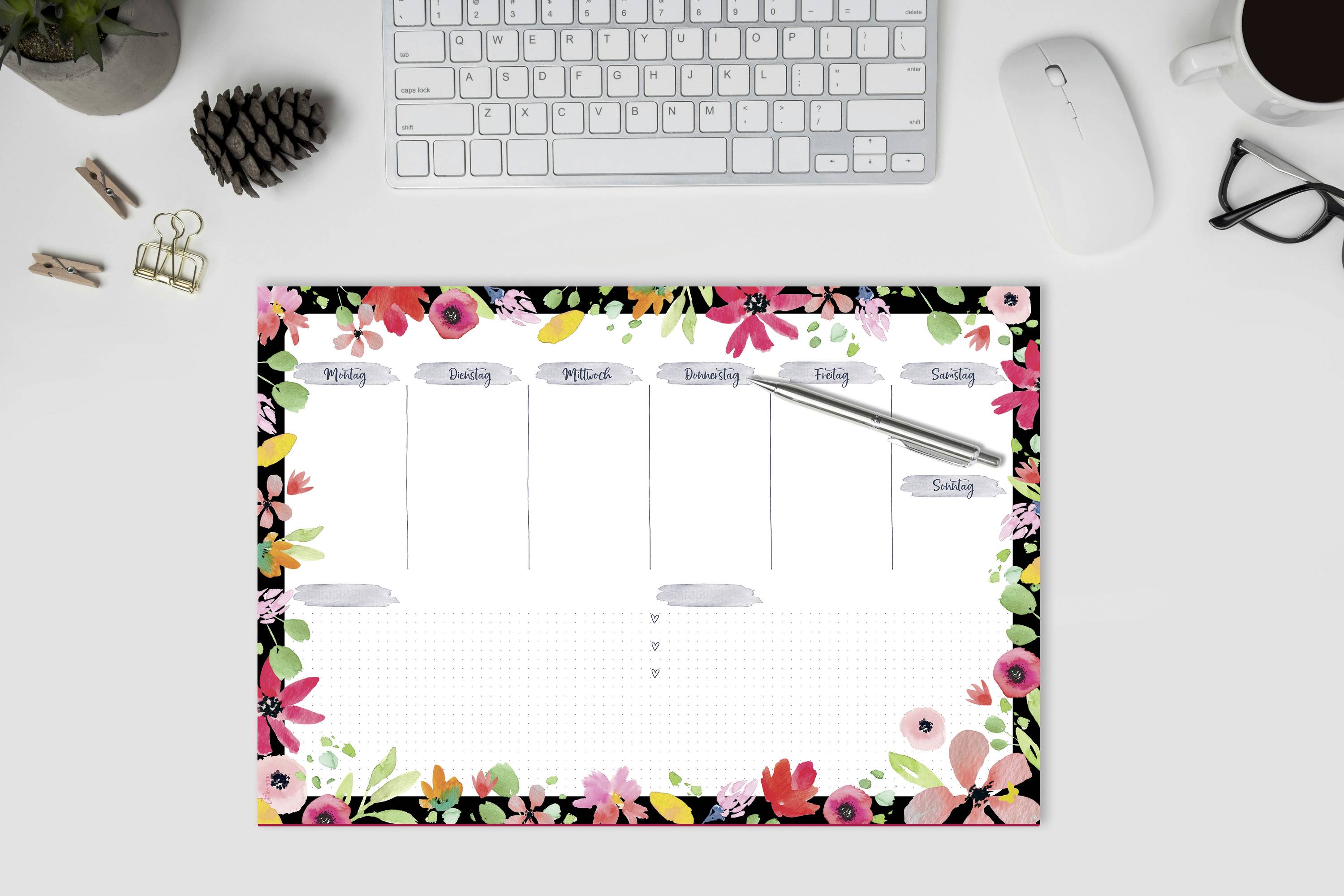 Sigel Flower Love JS100 Schreibunterlage Wochenplan Pink, Rosa, Grün, Schwarz, Blumen (B x H) 42 cm x 29.7 cm