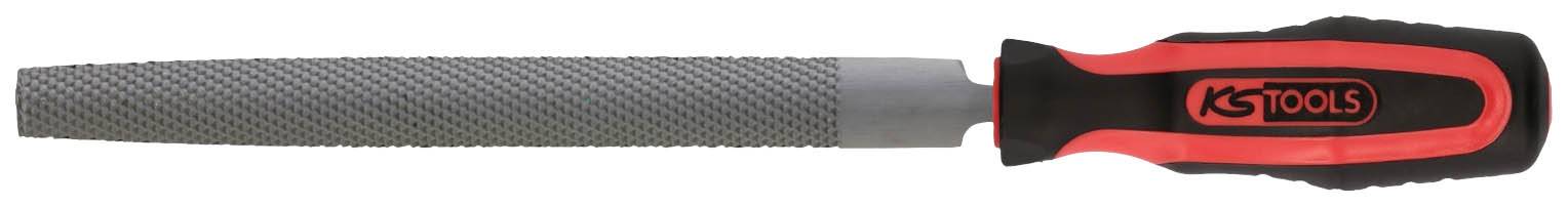 Eine Metallfeile mit rotem und schwarzem Griff, seitlicher Ansicht. Ideal zum Glätten und Bearbeiten von Metalloberflächen.