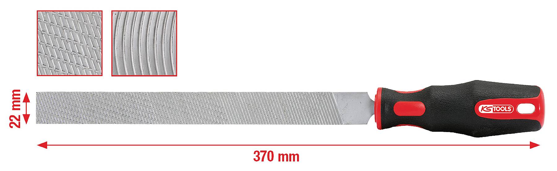 Feile mit rotem und schwarzem Griff, 370 mm lang, 22 mm breit, zeigt Nahaufnahmen der Feilenoberfläche. Geeignet für Holz- oder Metallbearbeitung.