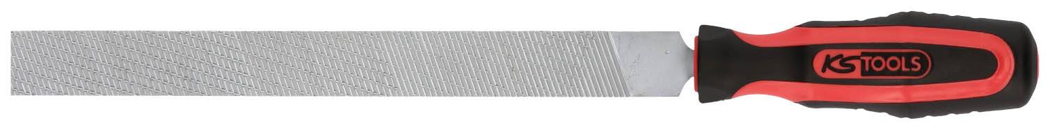 Metallfeile mit rot-schwarzem Griff, geeignet zum Glätten und Formen von Metalloberflächen.