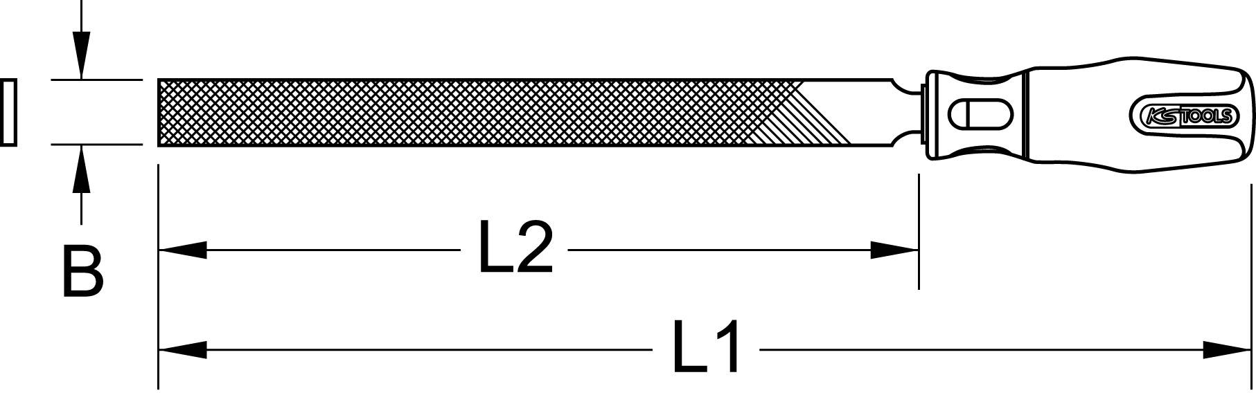 'Flachfeile' Diagramm: zeigt die Längen L1 und L2 sowie die Breite B. Dreieckiger Griff links mit Text 'ATS TOOL' darauf.