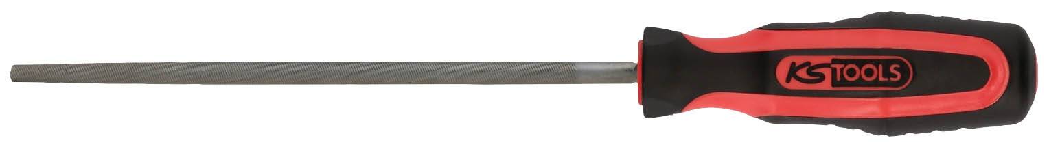 Flachfeile mit ergonomischem, rot-schwarzem Griff, Markenlogo auf dem Griff.