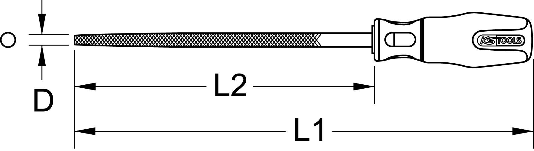 Technische Zeichnung einer Feile mit ergonomischem Griff. Kennzeichnung der Maße: Gesamtlänge (L1), Feilenlänge (L2) und Durchmesser (D).