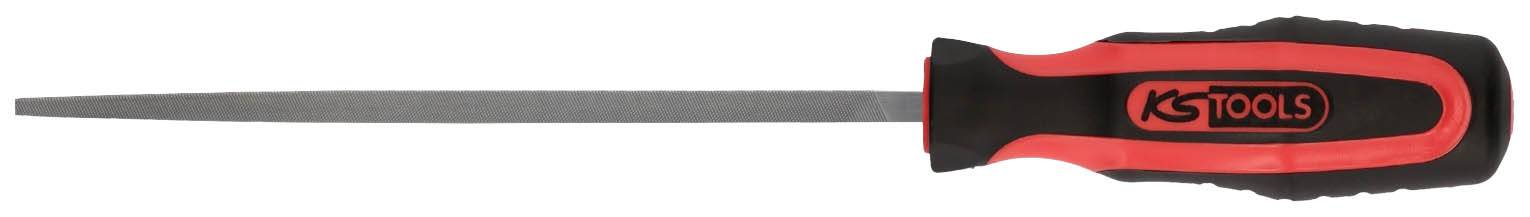 Ein flacher Metallfeilenwerkzeug mit schwarzem und rotem Griff, geeignet zum Schärfen oder Glätten von Metalloberflächen.
