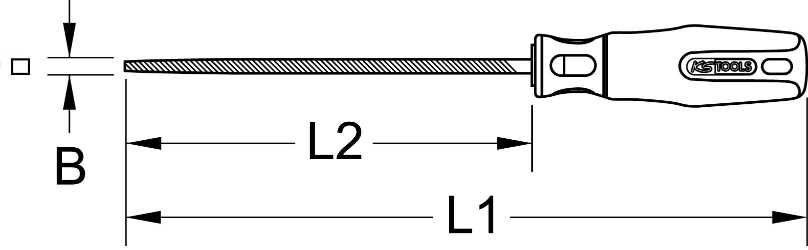 Eine technische Zeichnung eines Feilenwerkzeugs. Die Maße L1 und L2 sind entlang der Länge angegeben, B zeigt die Breite des Werkzeugs.