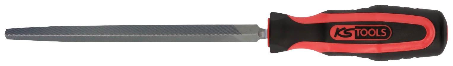 Handfeile mit einem rot-schwarzen Griff, Marke 'KS Tools', geeignet zum Bearbeiten von Metalloberflächen für präzise Ergebnisse.