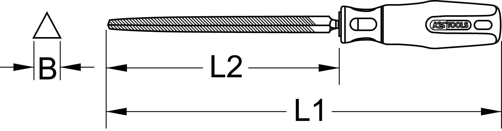 Werkzeugzeichnung eines Feilenhandgriffs mit Längenangaben L1, L2, und B.