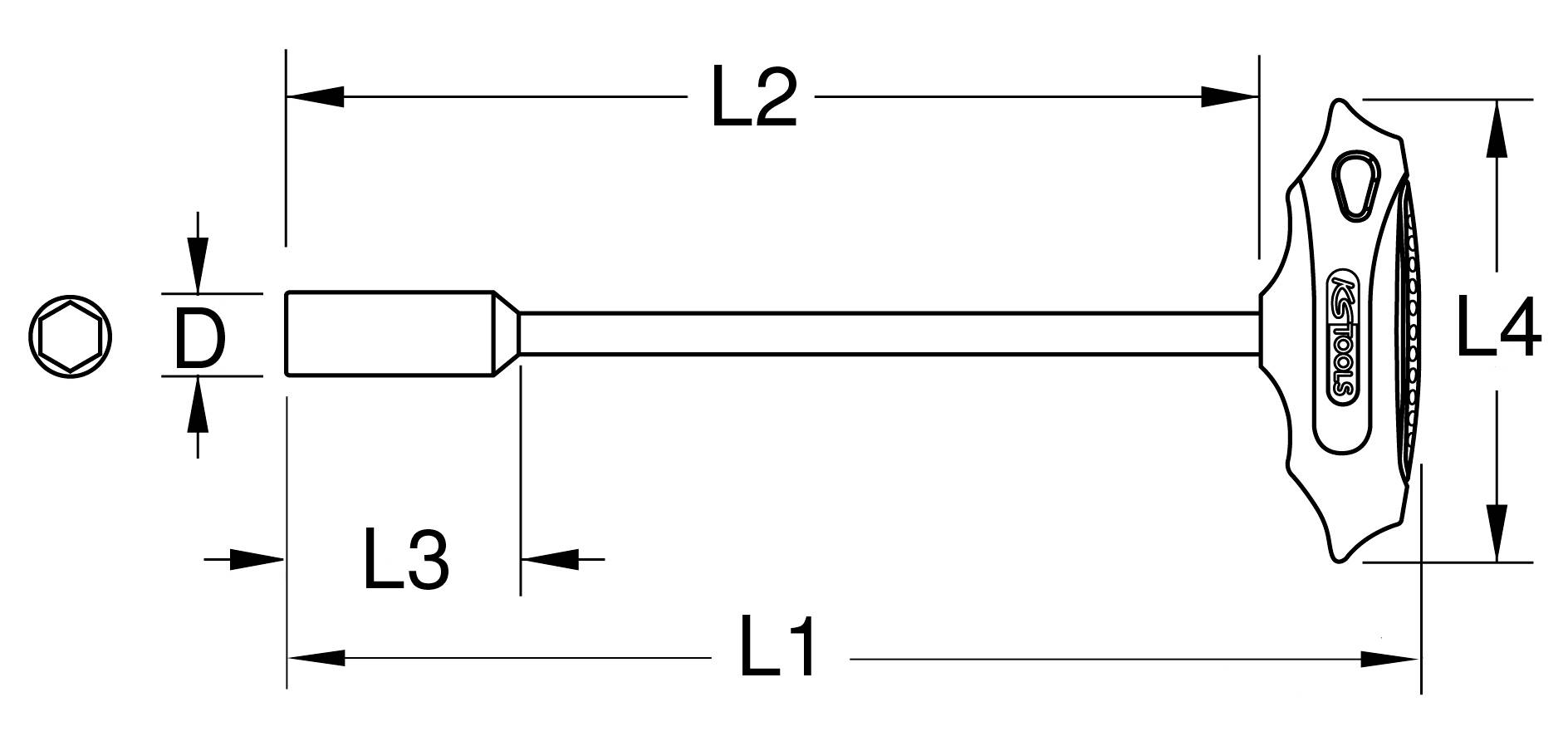 Technische Zeichnung eines Werkzeugs mit Maßen: L1, L2, L3, L4 und Durchmesser D. Zeigt Verhältnis der Teile des Werkzeugs.
