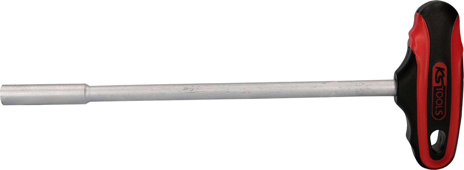 T-Griff-Inbusschlüssel aus Metall mit rotem und schwarzem Kunststoffgriff, geeignet zum Anziehen oder Lösen von Schrauben.