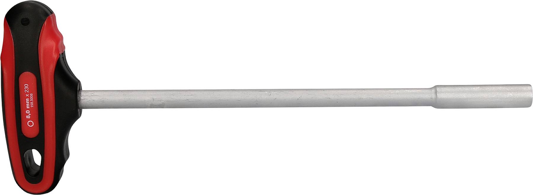 T-Griff-Steckschlüssel mit rotem und schwarzem Griff und langem Metallstab, geeignet für Arbeiten mit schwer erreichbaren Schrauben.