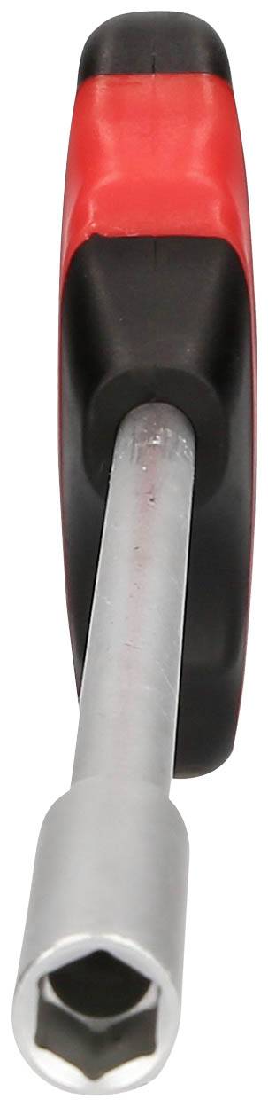 Ein roter Schraubenschlüssel mit einem schwarzen Griff und einer silbernen Metallwelle.