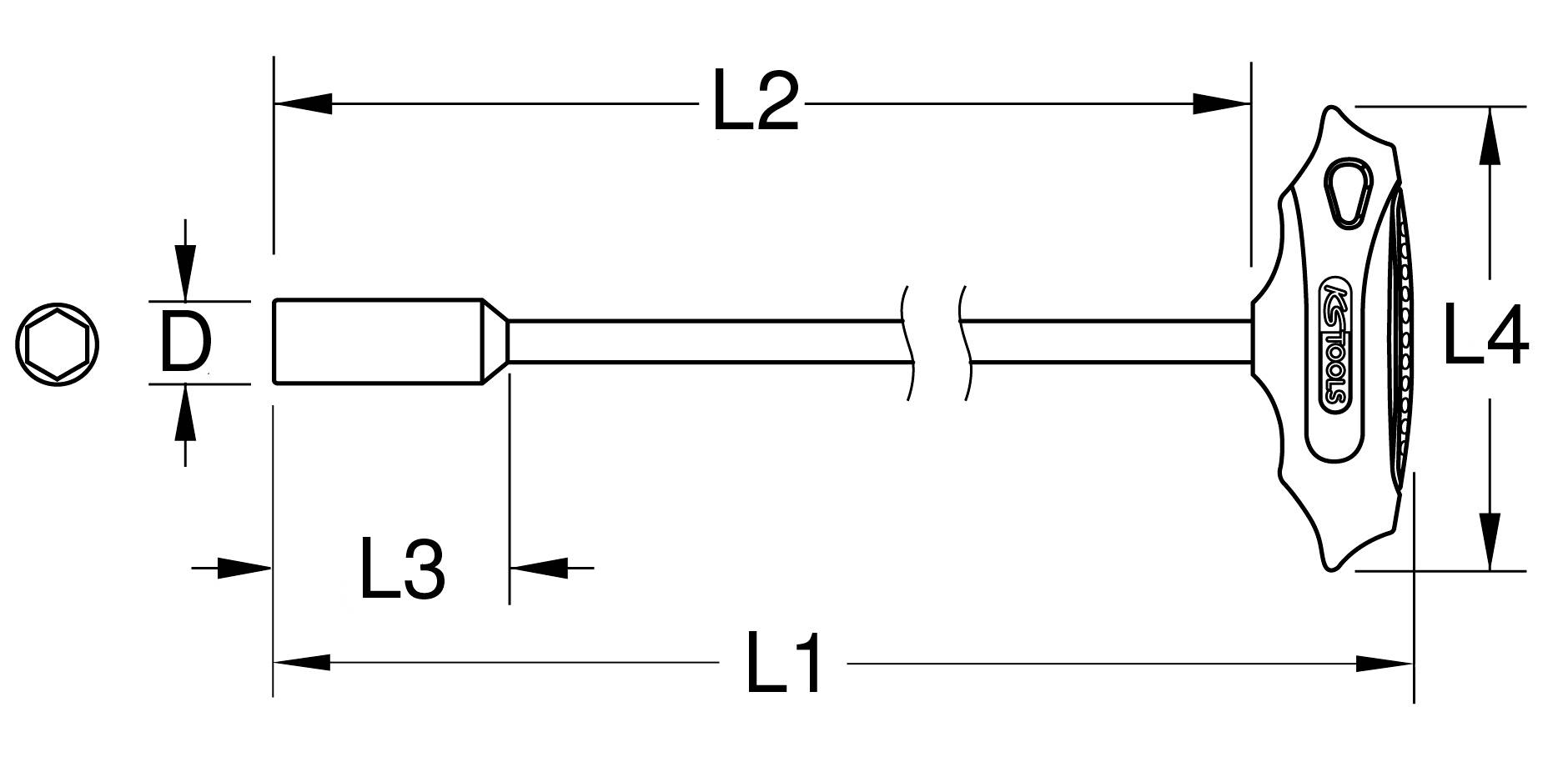 Diagramm eines Schraubenziehers mit Abmessungen: 'D', 'L1', 'L2', 'L3', 'L4'. Zeigt unterschiedliche Längen und Griffdetails.