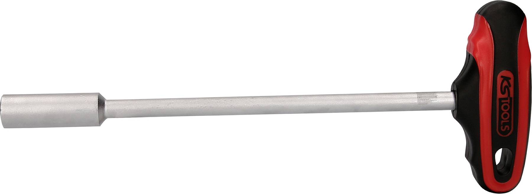 Ein T-förmiger Handgriff-Schlüssel mit rotem und schwarzem Griff und langer Metallstange, geeignet für Arbeiten an Schrauben.
