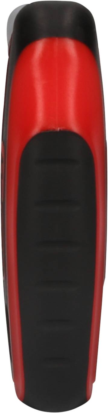 Ein rot-schwarzes Werkzeug, Ansicht von der Seite, möglicherweise ein Griff eines Handgeräts wie eines Schraubendrehers oder Messers.
