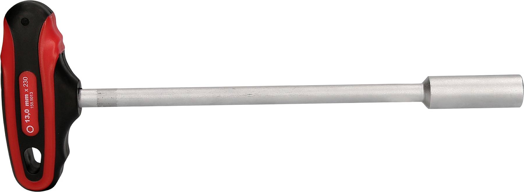 T-förmiger Steckschlüsselgriff mit langem Metallschaft und rotem, ergonomischem Kunststoffgriff, geeignet für die Montage.