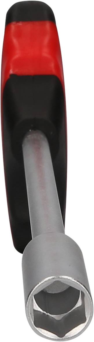 Rote und schwarze T-Griff-Nuss-Schlüssel mit silberner Steckdose. Verwendet zum Festziehen oder Lösen von Schrauben und Bolzen.