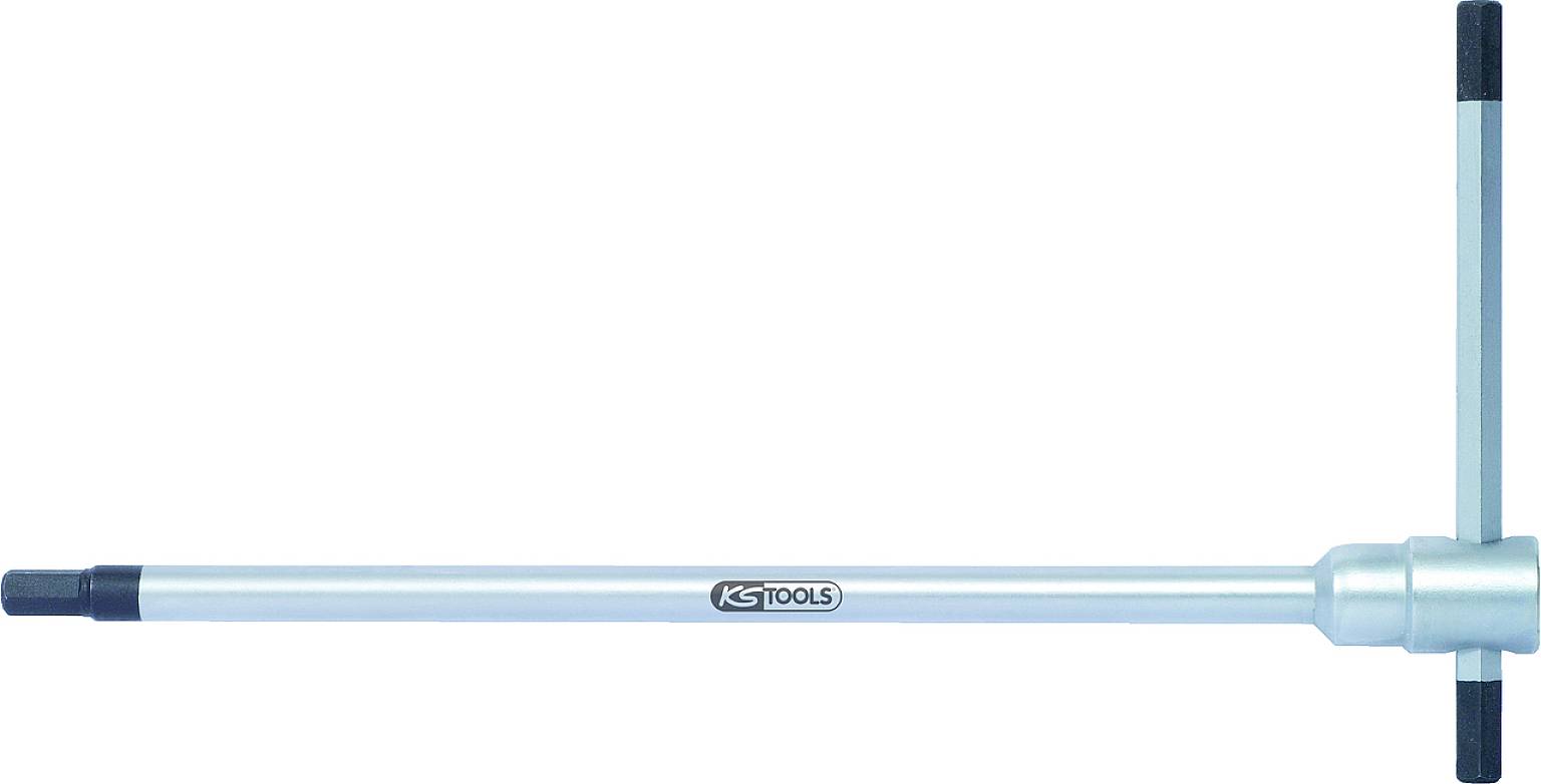 T-Schlüssel mit Griff und zwei Enden, ideal zur Anwendung in schwer zugänglichen Bereichen. Markenzeichen auf dem Schaft sichtbar.