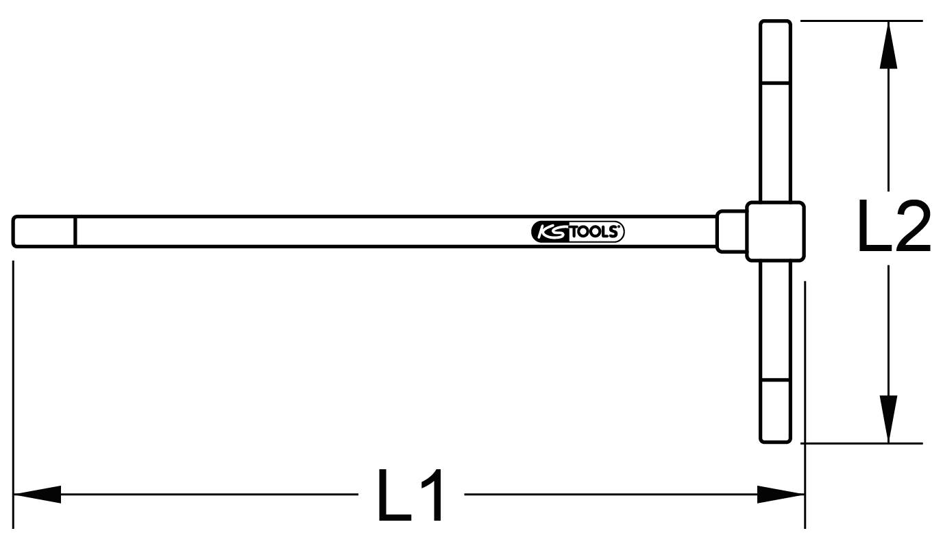 Diagramm eines T-Handles mit Maßen L1 und L2, für Werkzeugnutzung, Logo von KS Tools sichtbar.