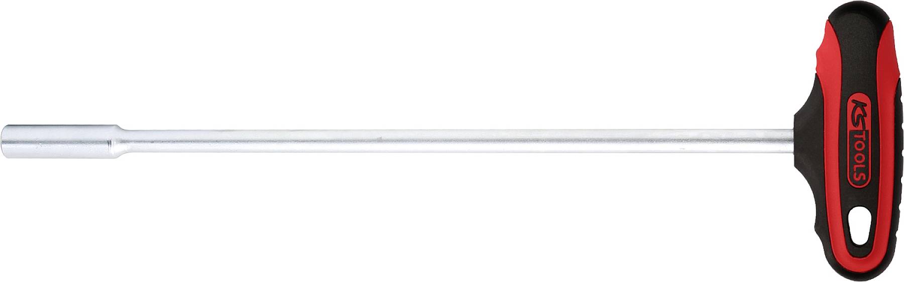 Langer T-Griff-Schraubenschlüssel mit sechskantiger Steckverbindung, schwarzem Griff mit roten Akzenten, für Reparaturarbeiten.