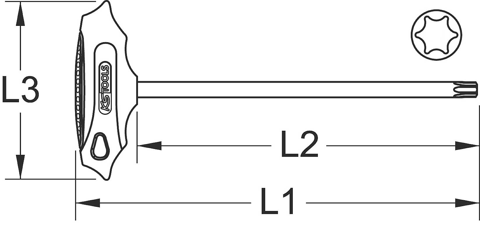 Technische Zeichnung eines Schraubendrehers mit T-Griff, zeigt die Längen- und Kopfabschnitte L1, L2, L3. Sternförmige Spitze.