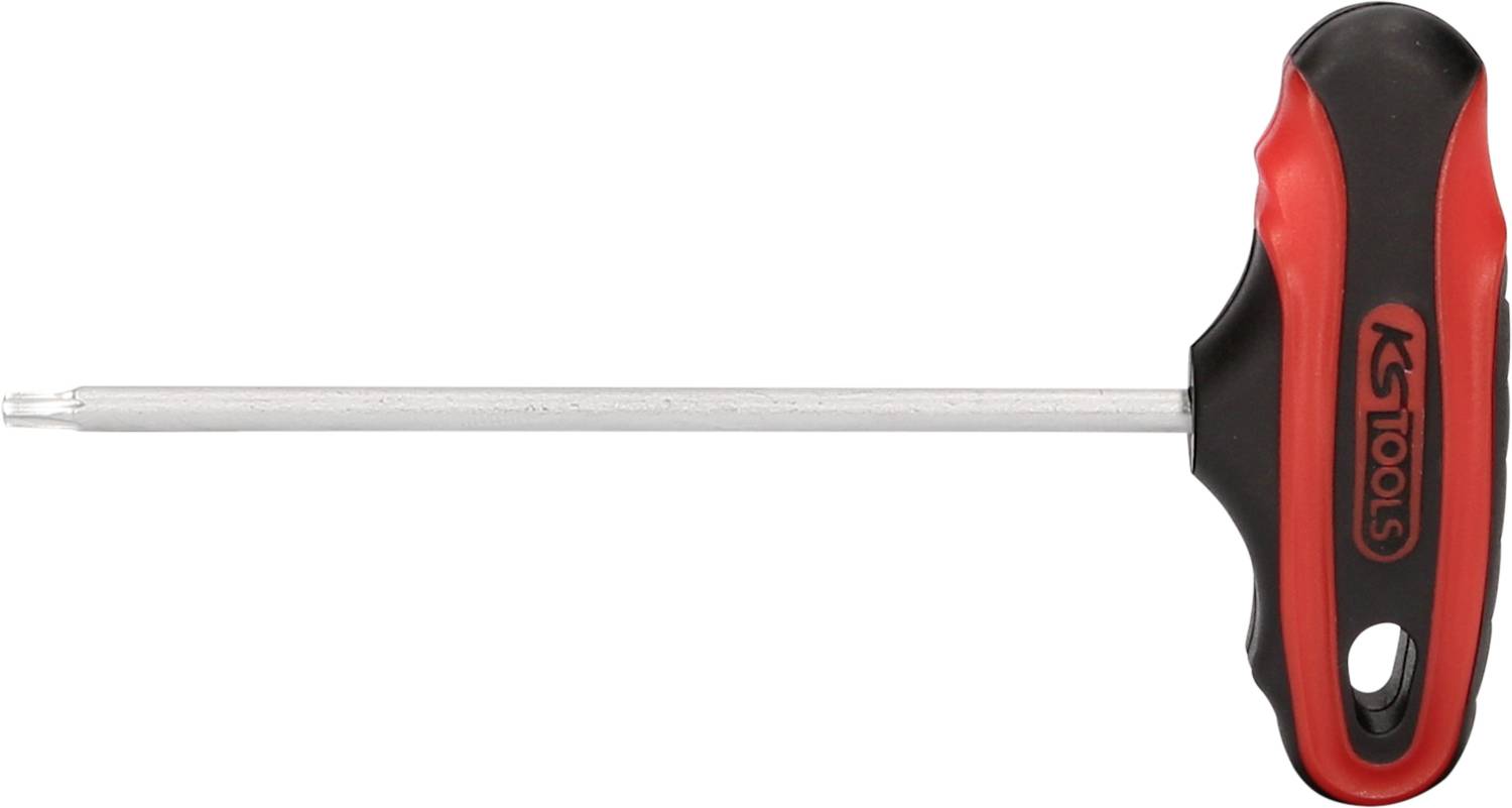 T-Griff-Schraubendreher mit rotem und schwarzem Griff und langer, silberner Klinge zur Verwendung beim Schrauben von TORX-Schrauben.