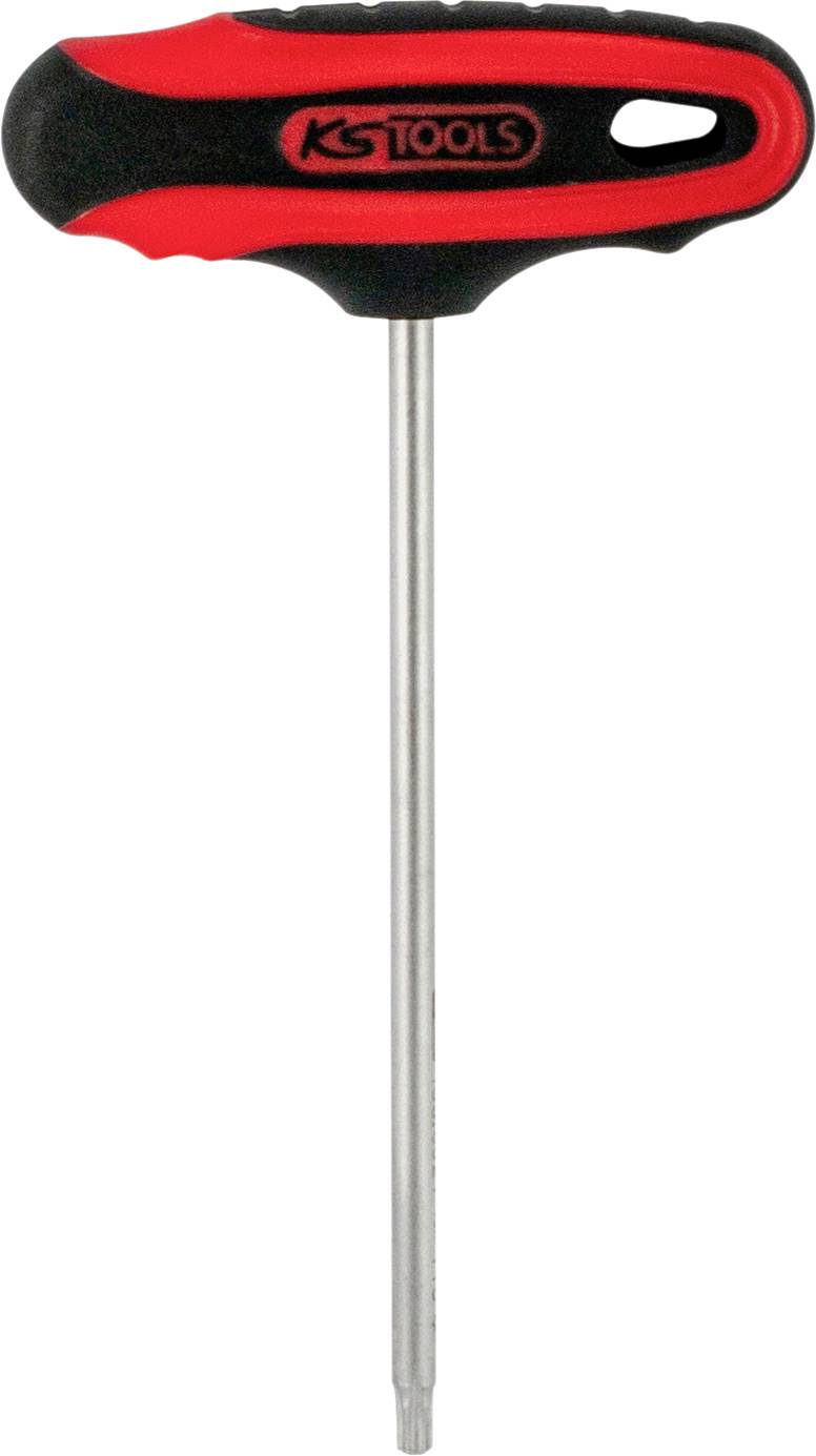 T-förmiger Schraubendreher mit rotem und schwarzem Griff. Lange Metallschiene.