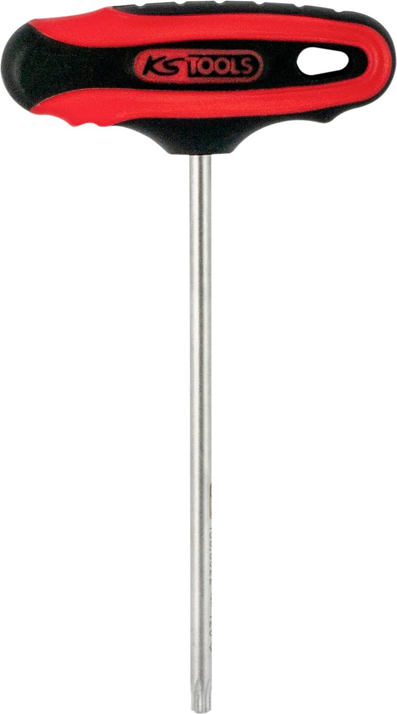 T-förmiger Schraubendreher mit rotem und schwarzem Griff, silbernem Schaft, von KS Tools.