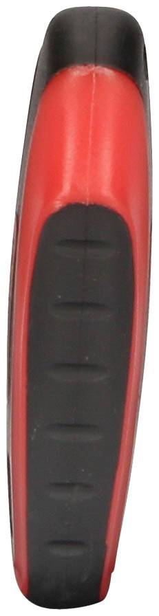 Rotes und schwarzes Handgerät mit gummierter Oberfläche, seitlich betrachtet.