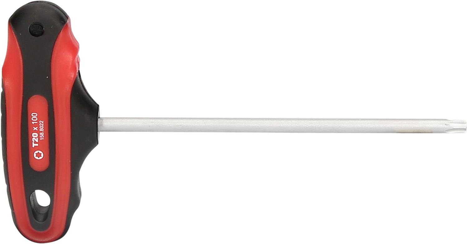 T-förmiger Schraubendreher mit rotem und schwarzem Griff und langem Metallstab, auf dem 'T20 x 100' steht.