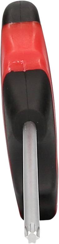 Ein roter und schwarzer Schraubendreher mit Torx-Kopf, von hinten gesehen.