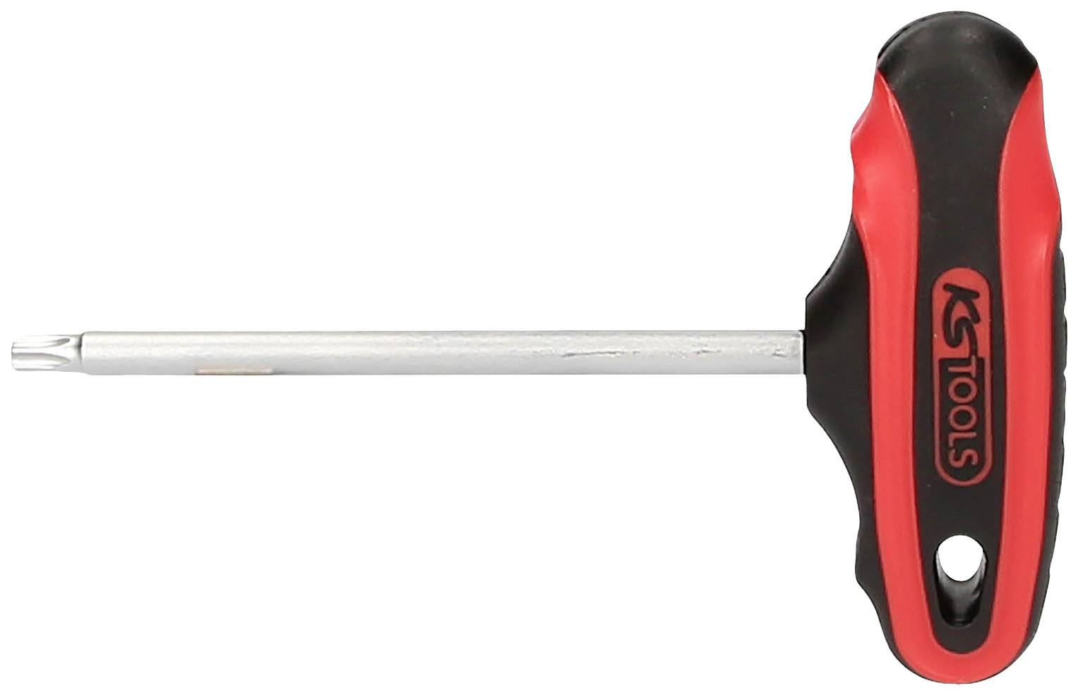 T-Griff-Schraubendreher mit rotem und schwarzem Griff und langer Metallspitze.