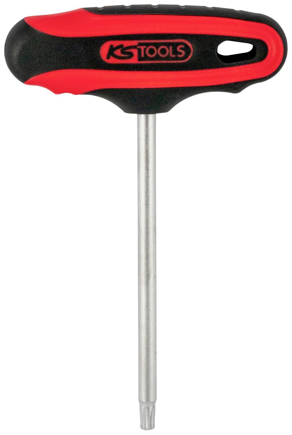 'KS Tools' T-Griff-Schraubendreher mit rotem und schwarzem Griff, langer Metallklinge und Torx-Kopf, geeignet für präzise Schraubarbeiten.